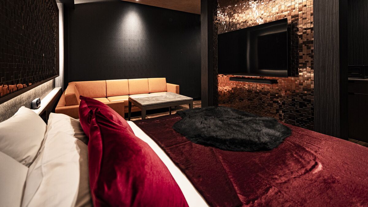 Una habitación de hotel moderna con una cama, un sofá, un televisor de pantalla plana y una chimenea.