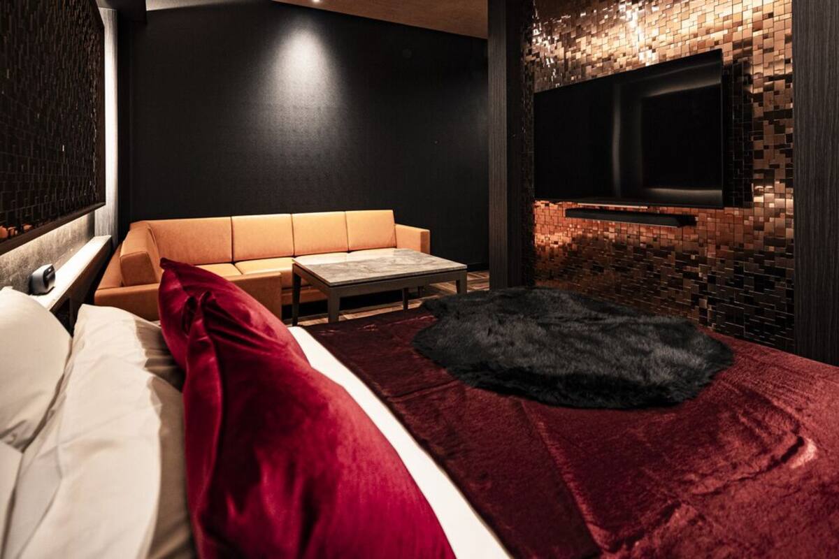 Una habitación de hotel moderna con una cama, un sofá, un televisor de pantalla plana y una chimenea.