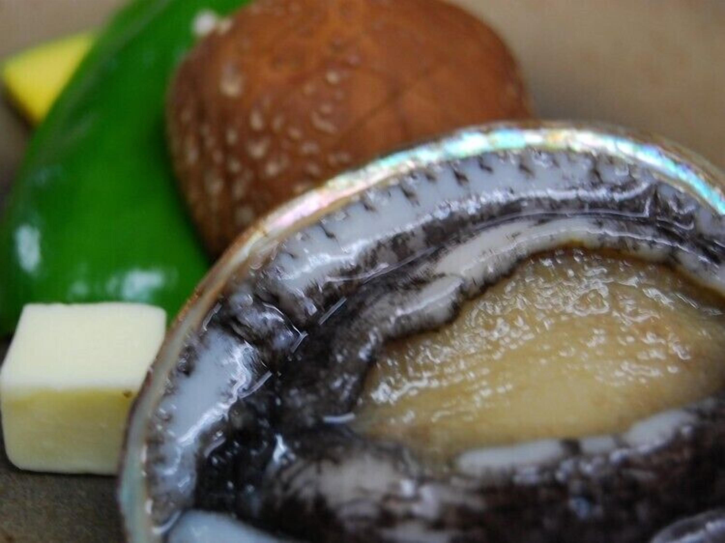 A close-up of a clam shell with a piece of butter beside it.