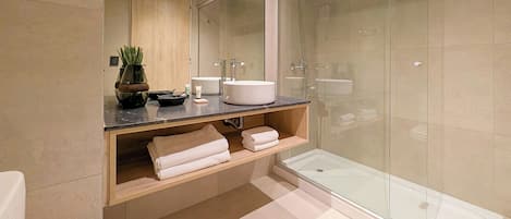 Shower, free toiletries, hair dryer, bidet