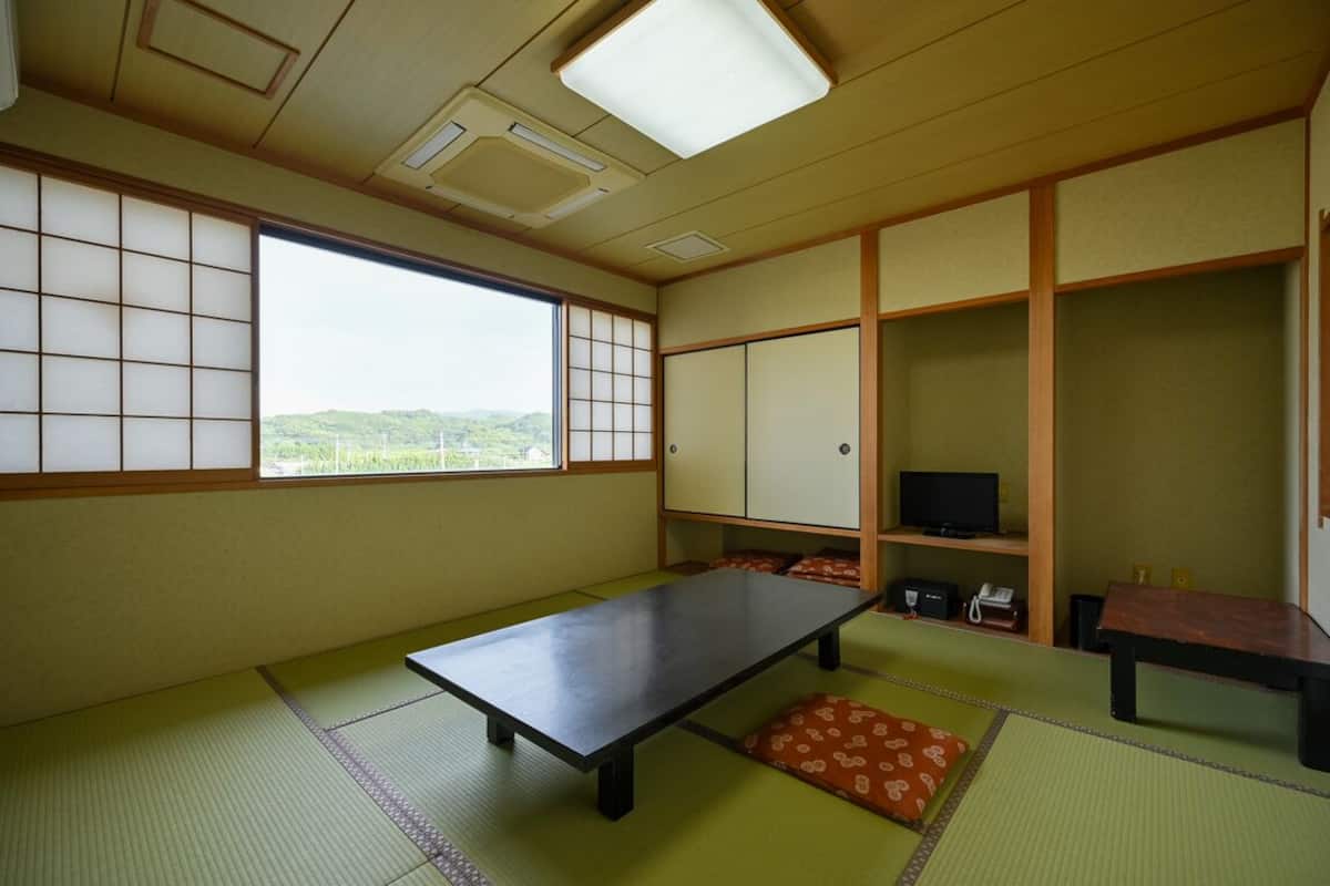 Una habitación con esteras de tatami, una mesa baja, un televisor y vistas a colinas verdes.