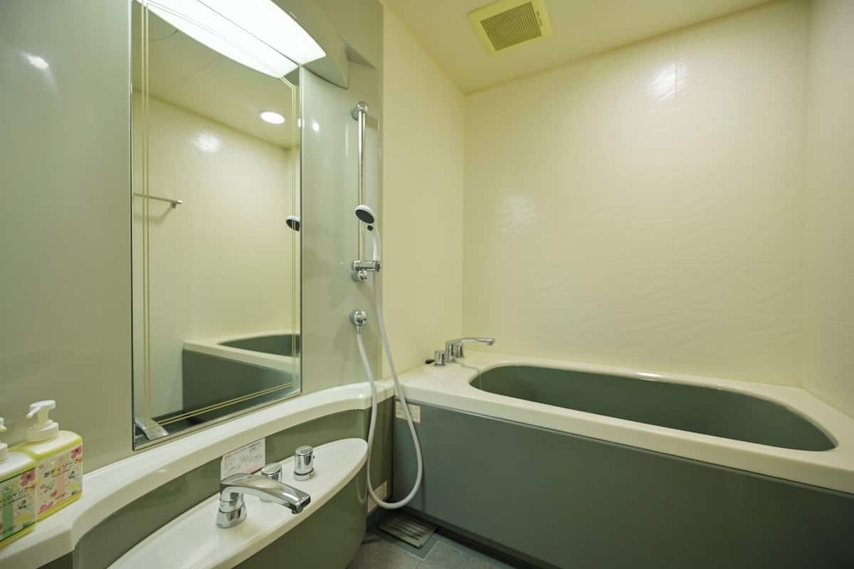 Un baño con bañera, lavamanos, espejo y ducha.