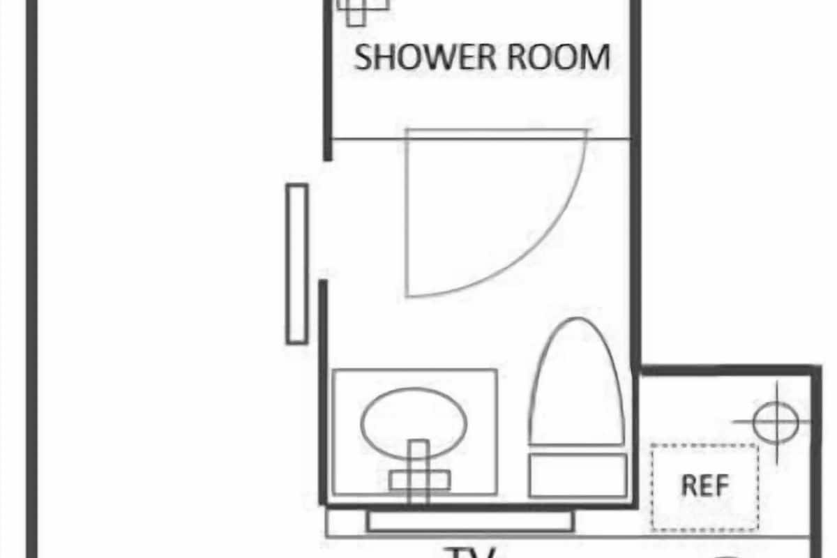 Plattegrond met een douchekamer, televisie en balkon.