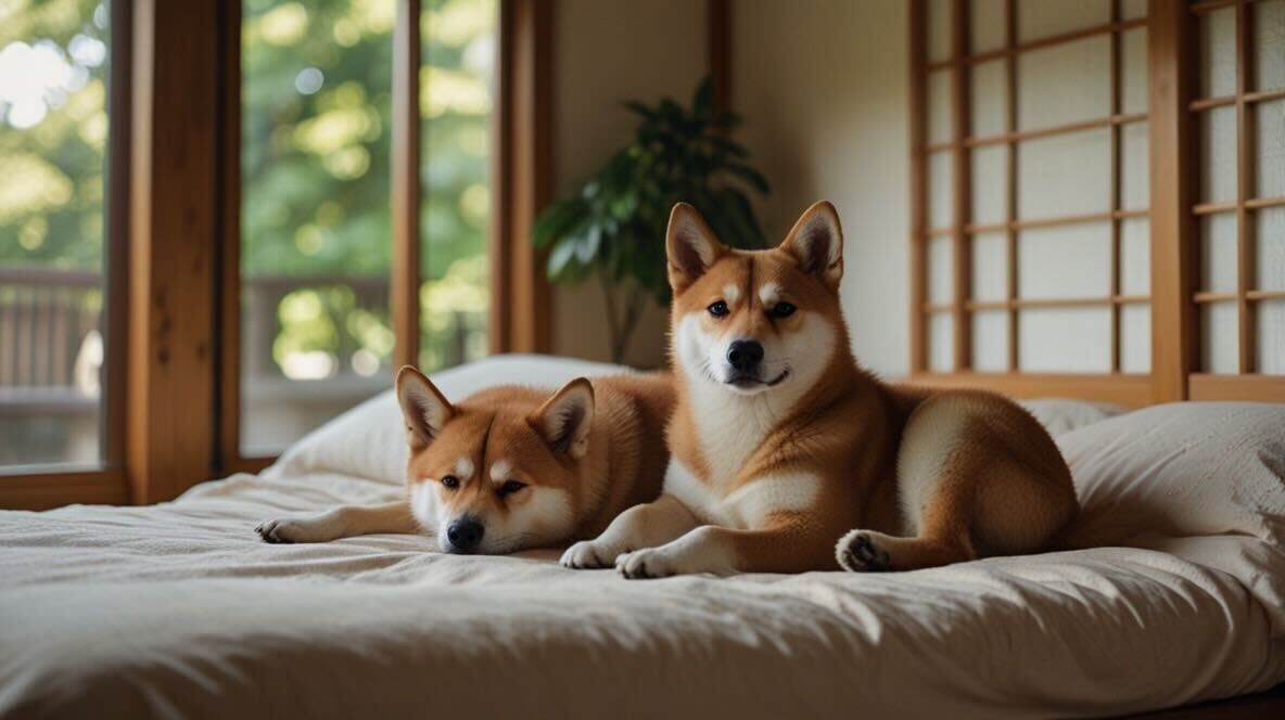 Two dogs lying on a bed with a wooden headboard and a plant in the background.