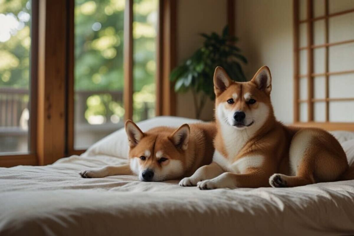 Zwei Hunde liegen auf einem Bett mit einem hölzernen Kopfteil und einer Pflanze im Hintergrund.
