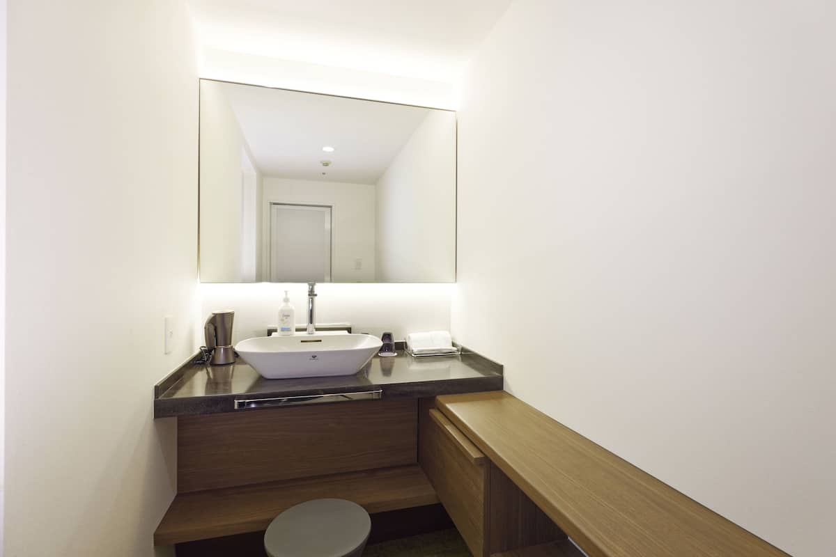 Une salle de bain moderne avec un lavabo blanc, un miroir et un meuble-lavabo en bois.