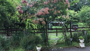 Una entrada de jardín con un portón de madera, un cartel que indica un lugar y un sendero que se adentra en la vegetación.
