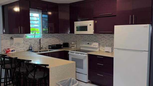 Een moderne keuken met donkere kastjes, een witte koelkast, een magnetron en een fornuis. Er staat een kleine prullenbak en een raam met uitzicht op groen.
