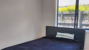 A single bed with a dark headboard and a patterned pillow in a room with a window and a view of greenery outside. - Room-quite and Cozy Double Bedroom (Christchurch)