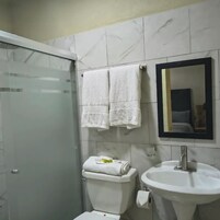 Shower, towels, soap, shampoo