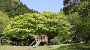 A playground with a slide and a small wooden structure, surrounded by lush green trees. - Atami Onsen Umibe no Yado Nagahamaen (Atami)
