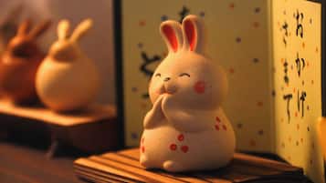 A ceramic rabbit figurine on a wooden surface.