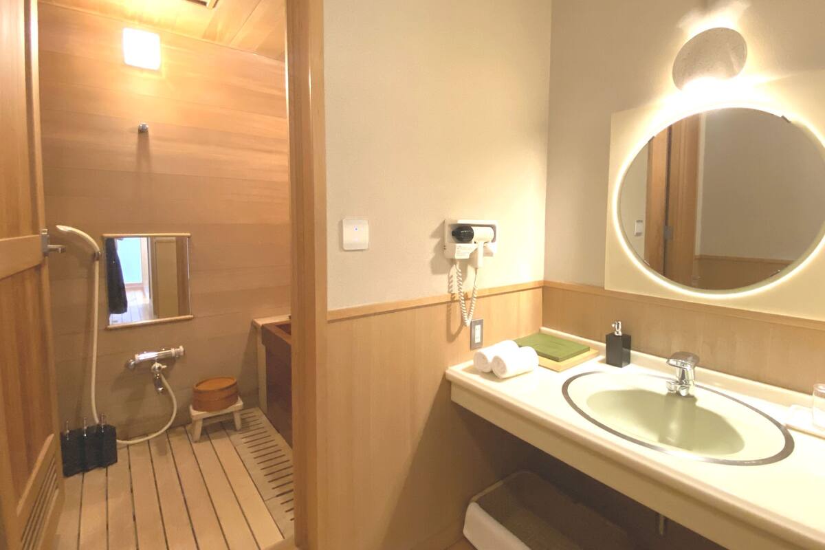 A bathroom with a wooden floor, a sink with a mirror, a handheld showerhead, and a toilet.