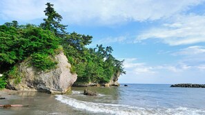 A coastal landscape with a large rock formation, greenery, and calm sea.