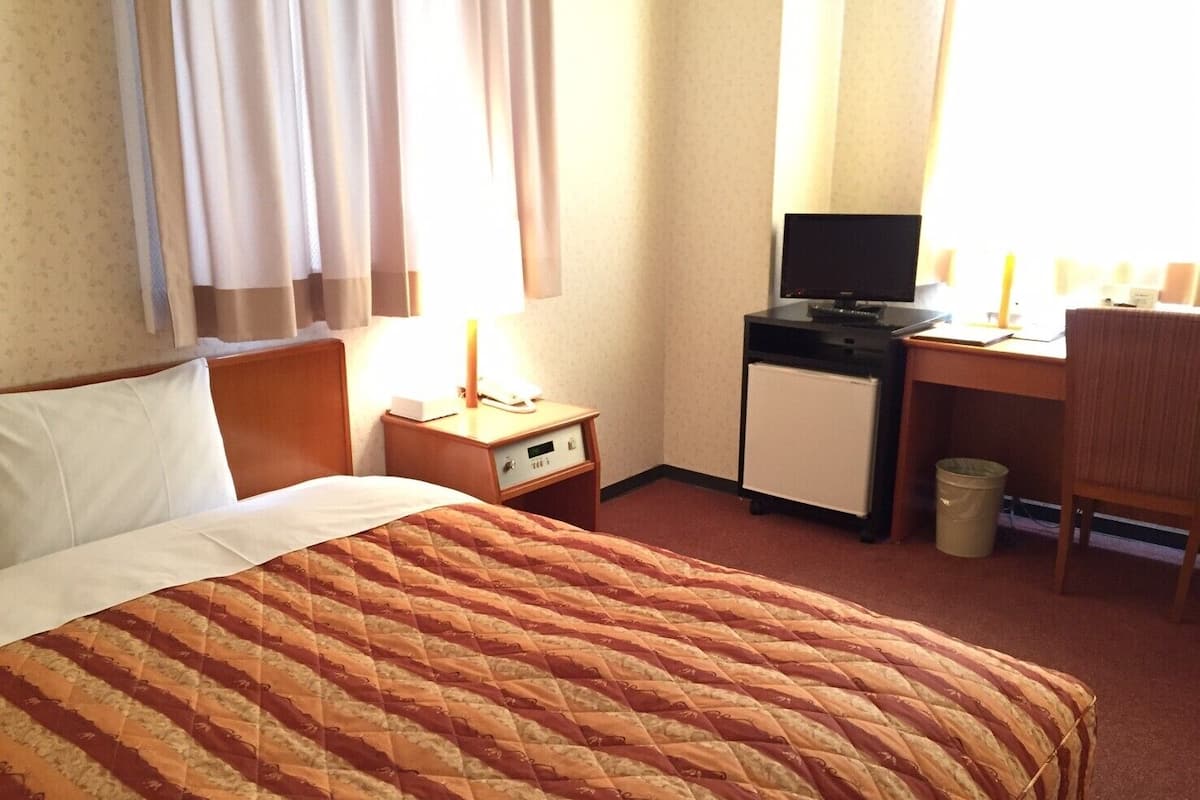 Una habitación de hotel con cama, escritorio, silla, cubo de basura y televisor.