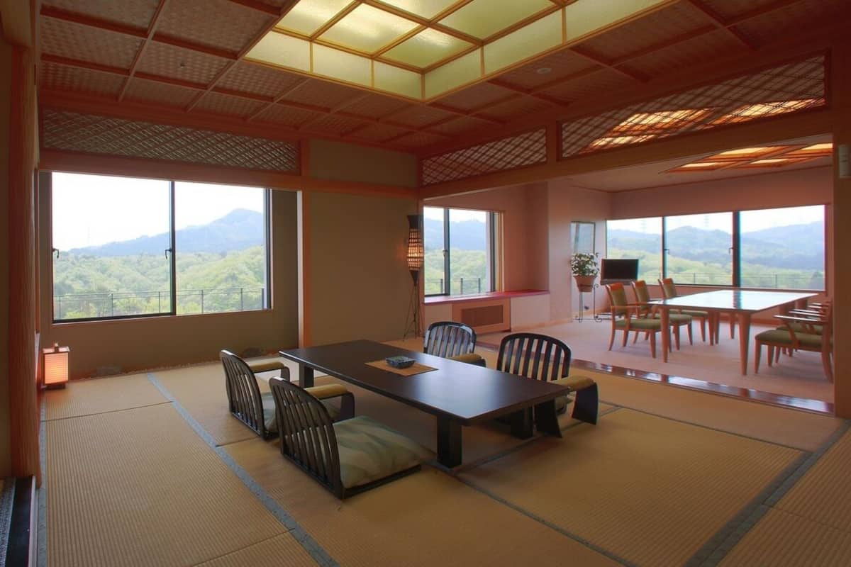 Una habitación tradicional japonesa con suelo de tatami, una mesa baja y sillas.