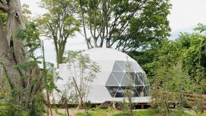 A geodesic dome structure surrounded by trees and vegetation. - Glanta Glamping Village (Sanda)