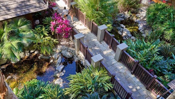 Un jardín con un puente de piedra, una fuente de agua y diversas plantas tropicales.