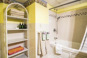 Hair dryer, towels, soap, toilet paper - King 1BR Retreat, Jetted Bathtub, Indoor + Outdoor Pool, Walk to Parkway (Gatlinburg)