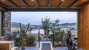 A gym with exercise equipment, a treadmill, and a view of a lake and mountains. - Nasta Intentional Living Mykonos (Mykonos)