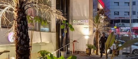 Entrada de un hotel con una palmera, plantas en macetas y un cartel que dice 'GINGER'.