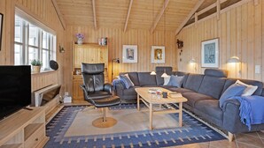 A cozy cabin interior with a wooden ceiling, a sofa, a chair, a TV, and a bookshelf. - Gorgeous home in Otterup with WiFi (Otterup)