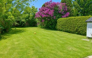 A well-maintained lawn with a yellow ball, surrounded by lush greenery and a large flowering tree. - 3 bedroom gorgeous home in Faaborg (Faaborg)
