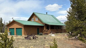 A wooden cabin with a green roof, a covered porch, and a front yard with sparse vegetation. - 2 bedroom 2 bath cozy cabin on 40 acres in Fairplay. (Fairplay)