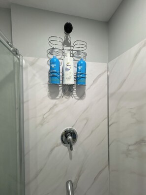 Douche, séchoir à cheveux, serviettes fournies, savon