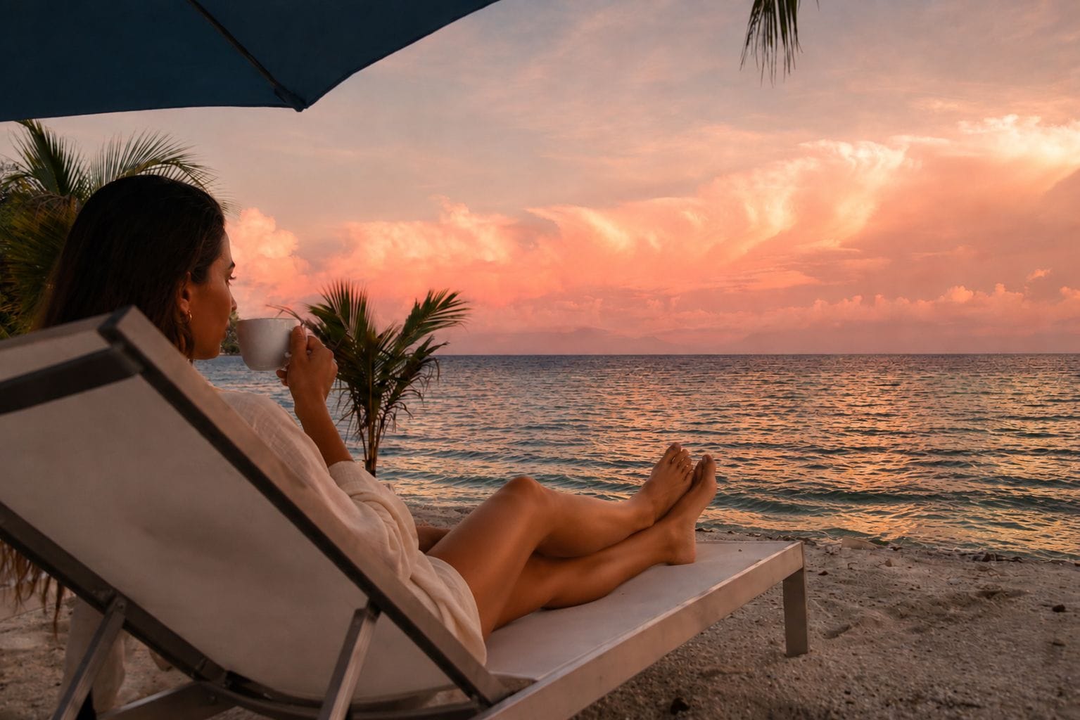 A person relaxing on a beach chair with a drink, overlooking the ocean during sunset.