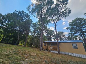 A single-story house with a porch, surrounded by tall pine trees.