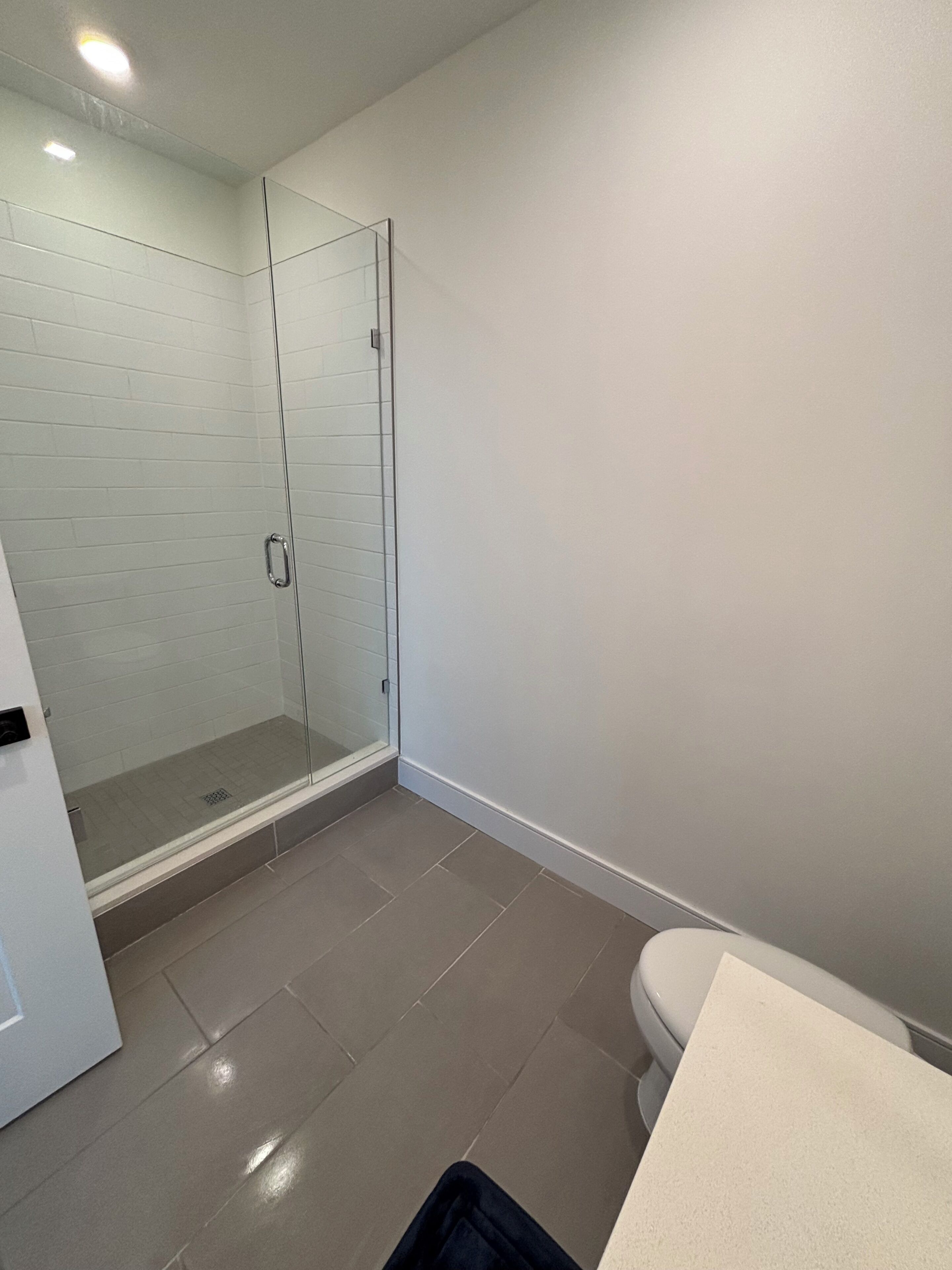 A bathroom with a glass shower enclosure, a toilet, and a sink.