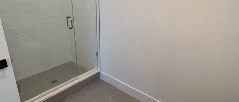 A bathroom with a glass shower enclosure, a toilet, and a sink.
