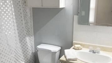 Hair dryer, towels, soap, toilet paper
