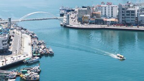Paisagem costeira com uma ponte imponente, um porto com vários barcos e um hotel com vista para a água.