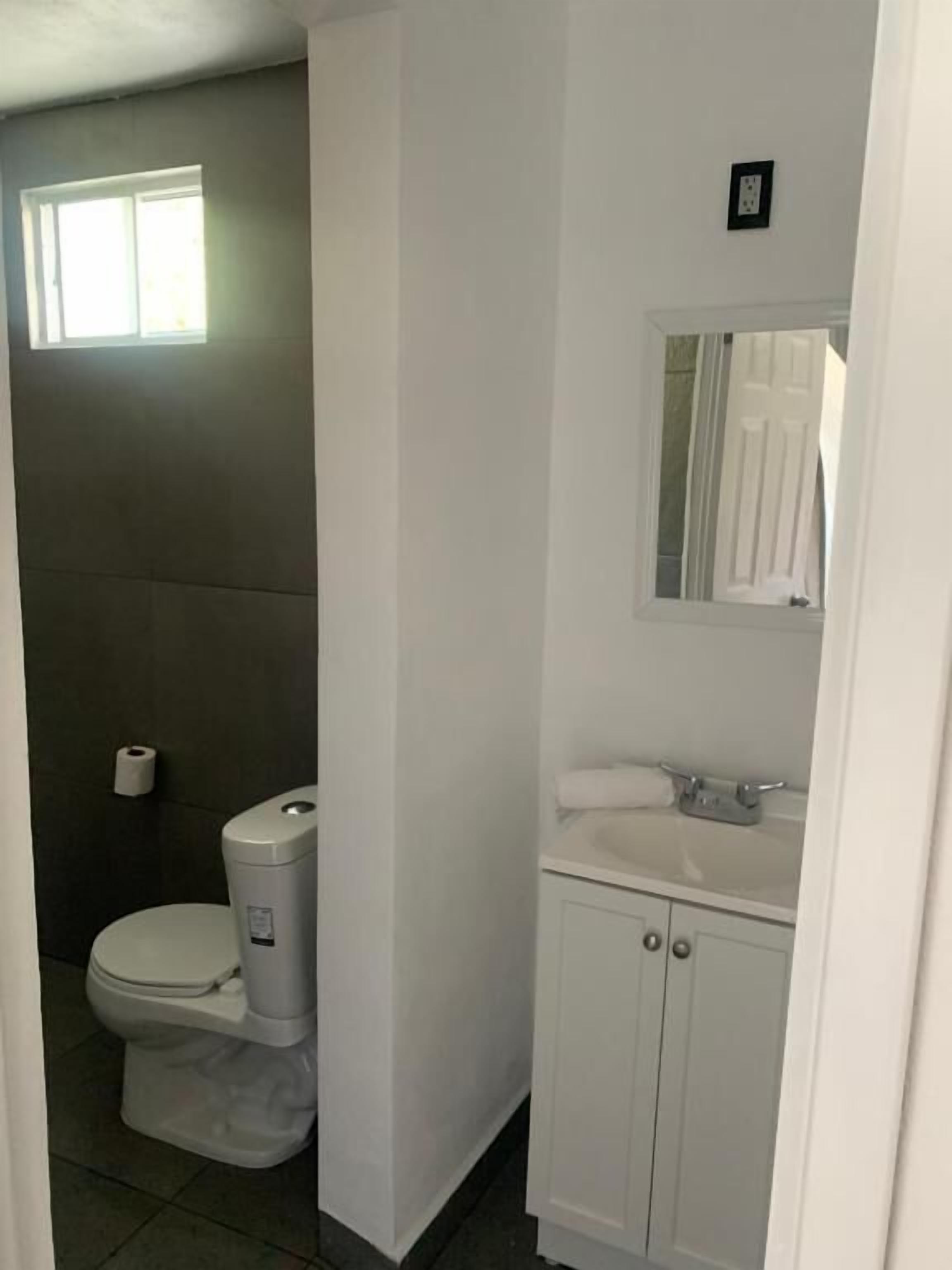 A small, compact bathroom with a toilet, a sink, and a mirror.