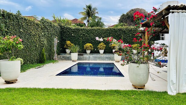 Une piscine dotée d’une terrasse carrelée, entourée d’une végétation luxuriante et de plantes en pot.