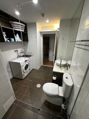 Douche, séchoir à cheveux, serviettes fournies, savon