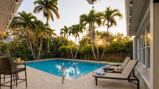 A swimming pool with lounge chairs, a table with drinks, and palm trees in the background. - Luxury Pool Oasis • 5 Min to Beach • Modern Retreat (Hallandale Beach)
