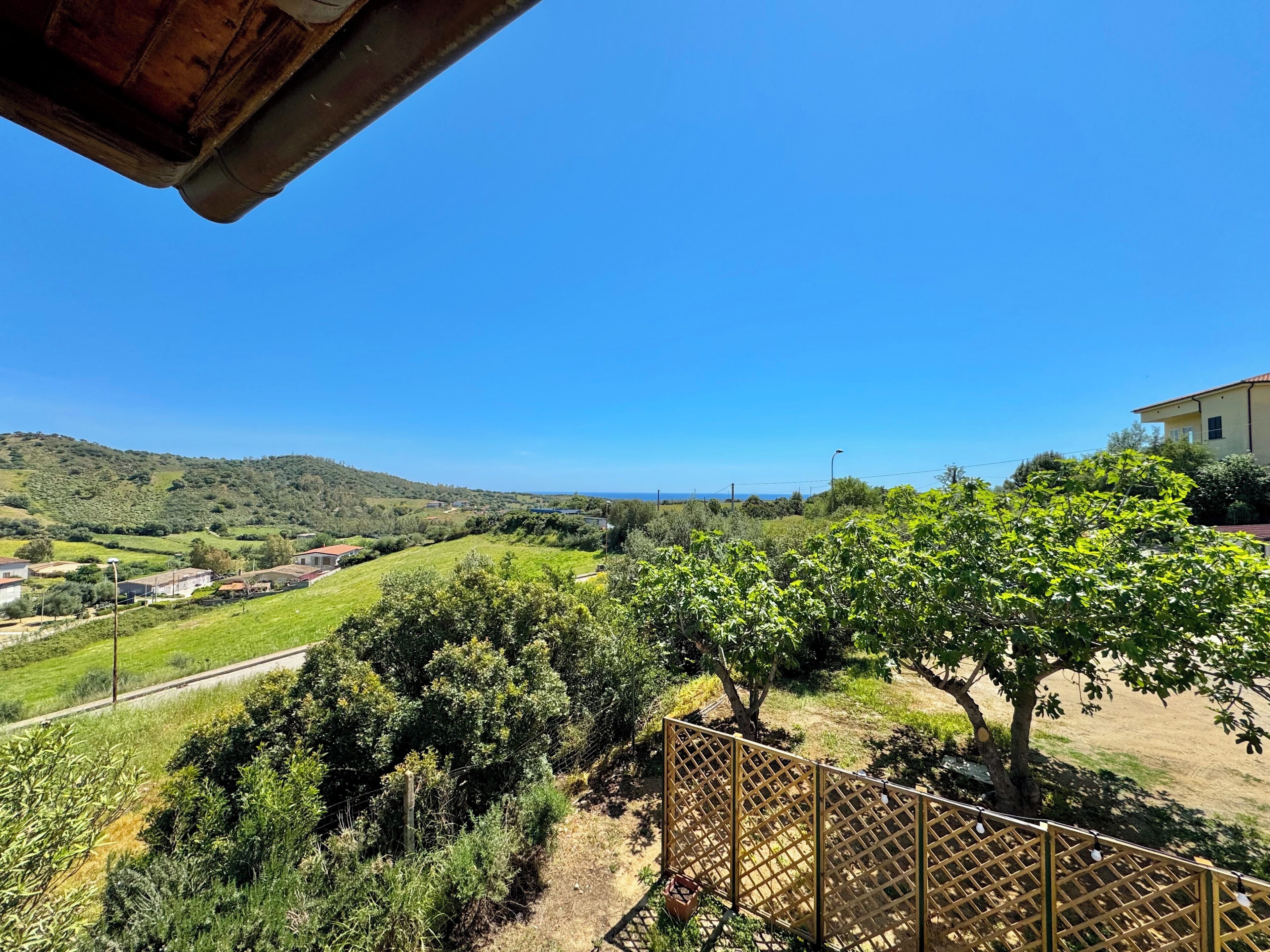A vineyard with a fence, a building with a red roof, and a clear blue sky.