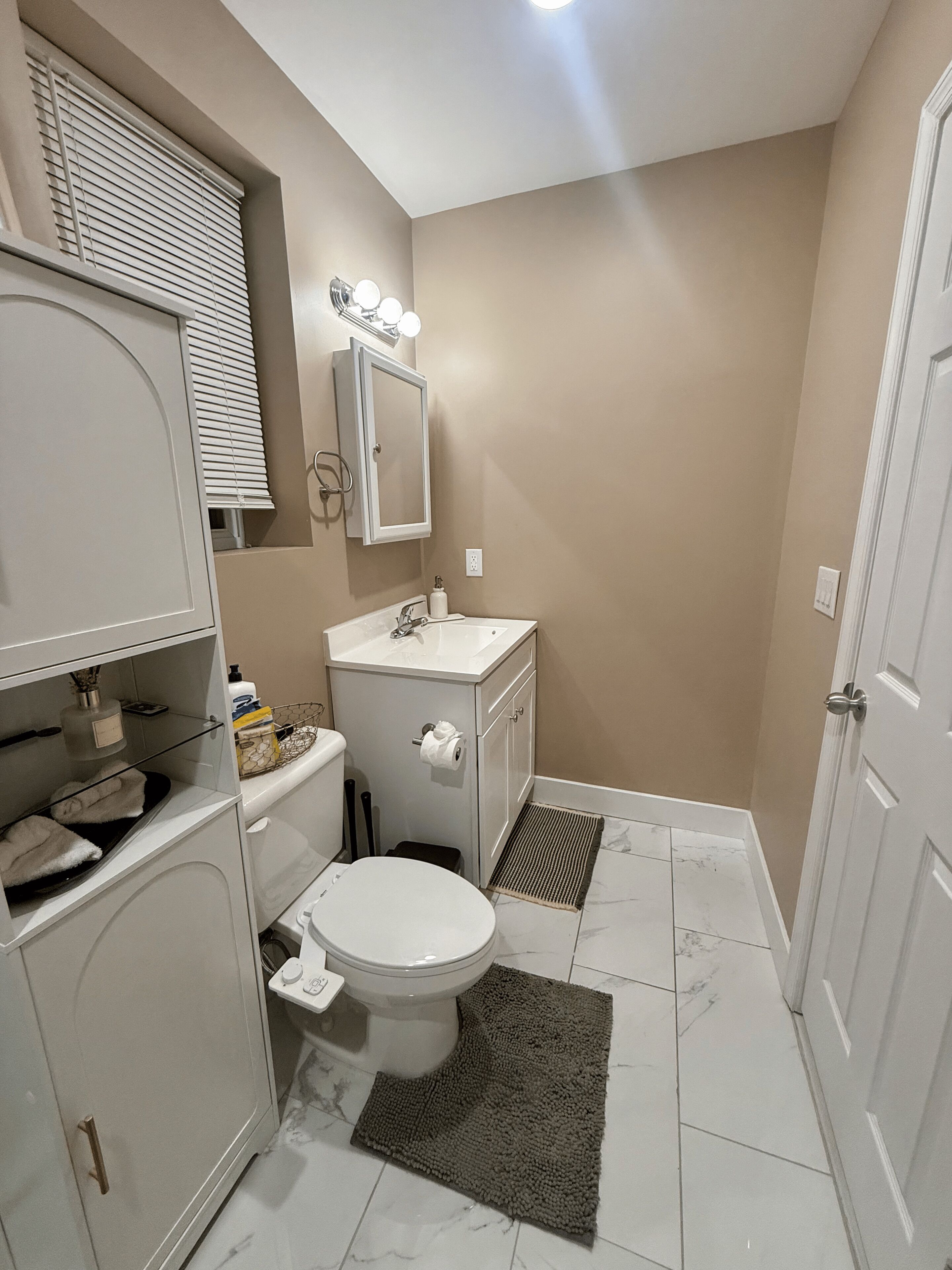 Hair dryer, bidet, towels, soap