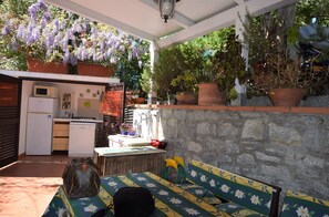 A kitchen with a refrigerator, stove, and sink, a dining area with a table and chairs, and a hanging purple flower arrangement. - Beautiful equipped veranda (Fetovaia)