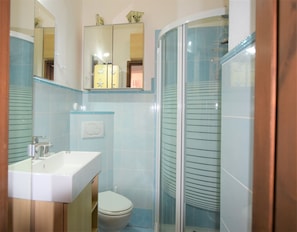 A bathroom with a white sink, a toilet, a shower with glass doors, and a mirror above the sink. - Beautiful equipped veranda (Fetovaia)