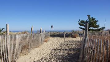 A sandy pathway flanked by wooden fences leading to a beach.