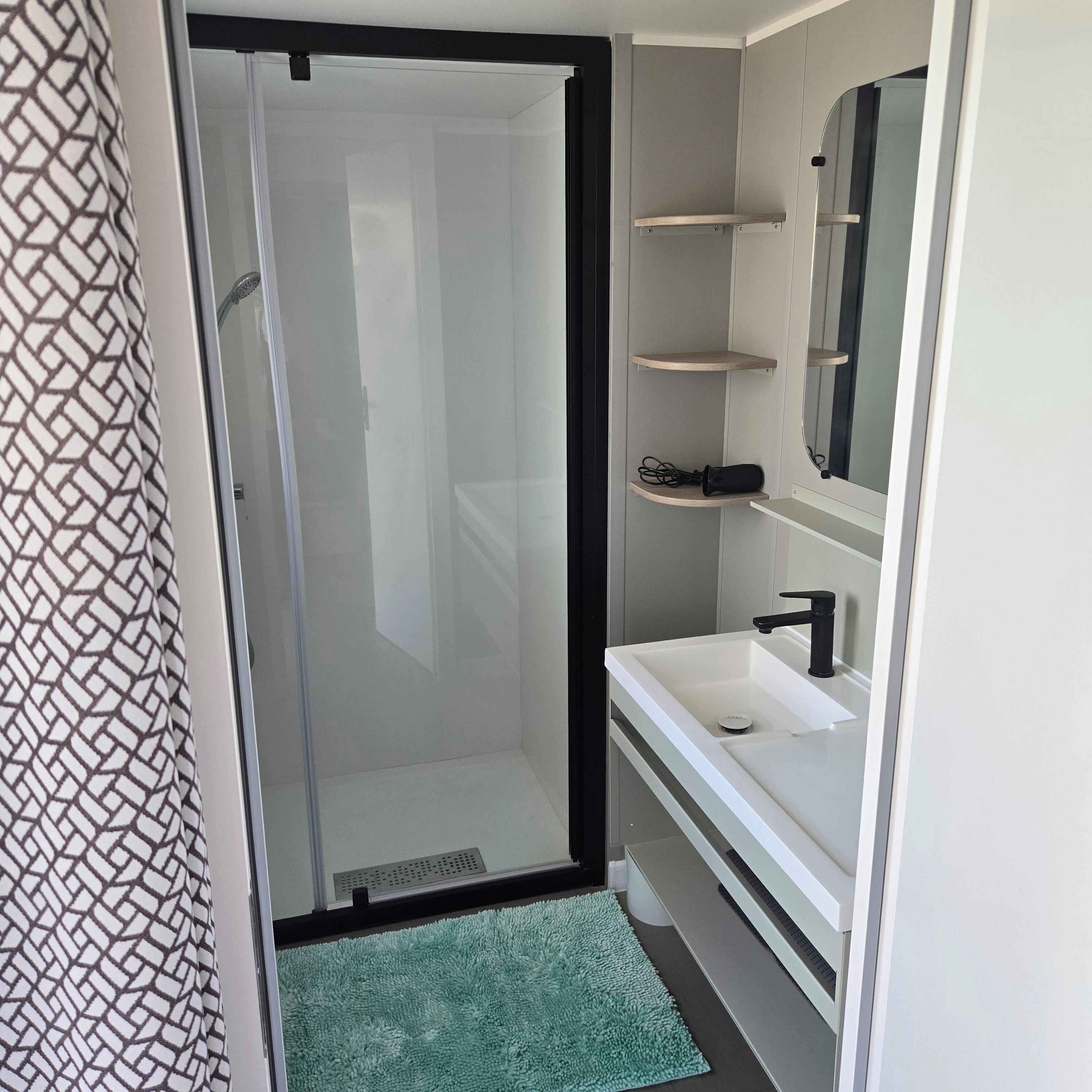 Shower, hair dryer, soap