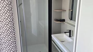 Shower, hair dryer, soap