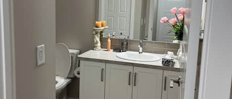 A bathroom with a toilet, sink, vanity, and a mirror.