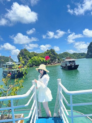 A person on a dock with boats and a mountainous landscape in the background. - Forest Sky Villa - Flamingo Cat Ba (Hai Phong)