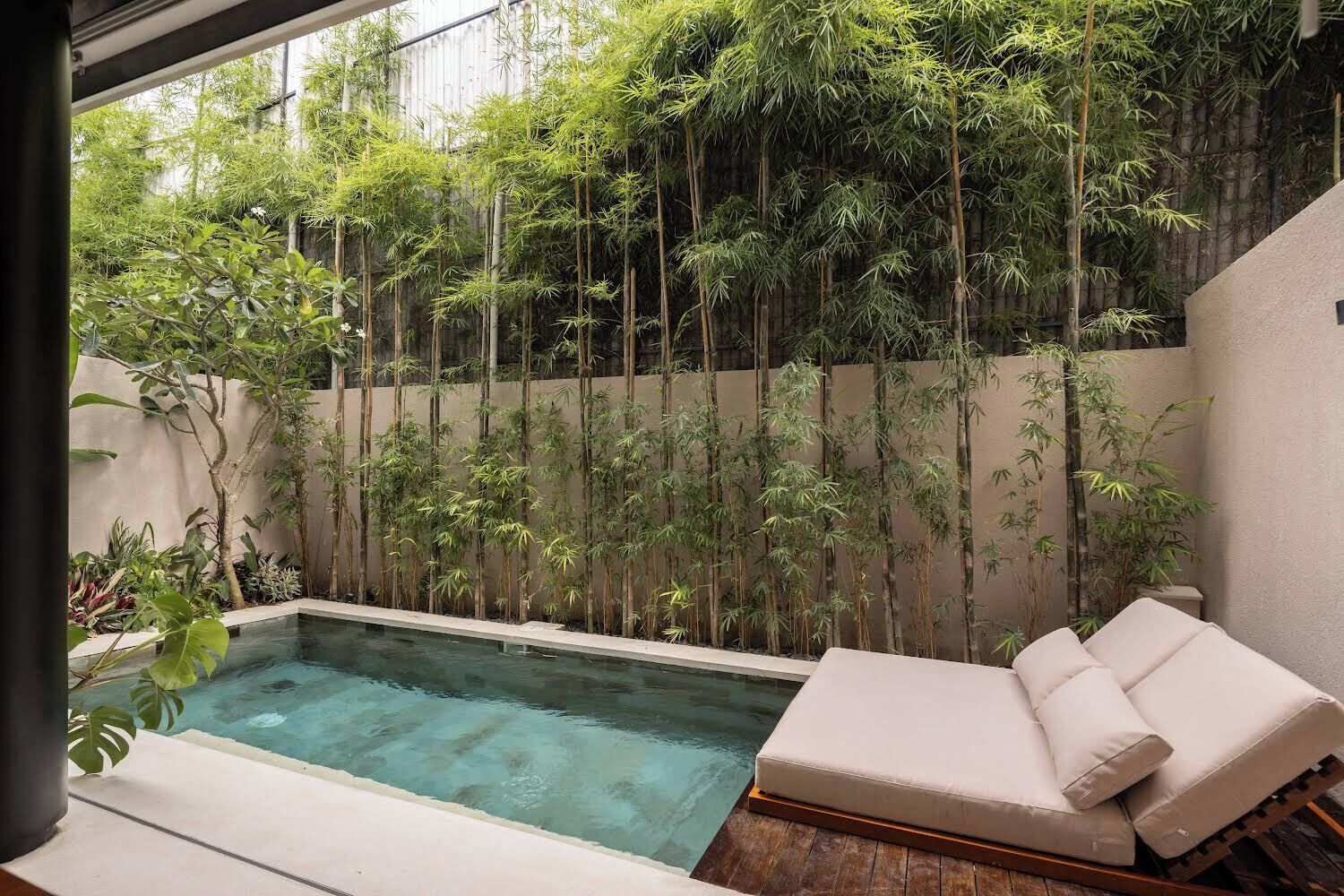 Piscine extérieure, chaises longues