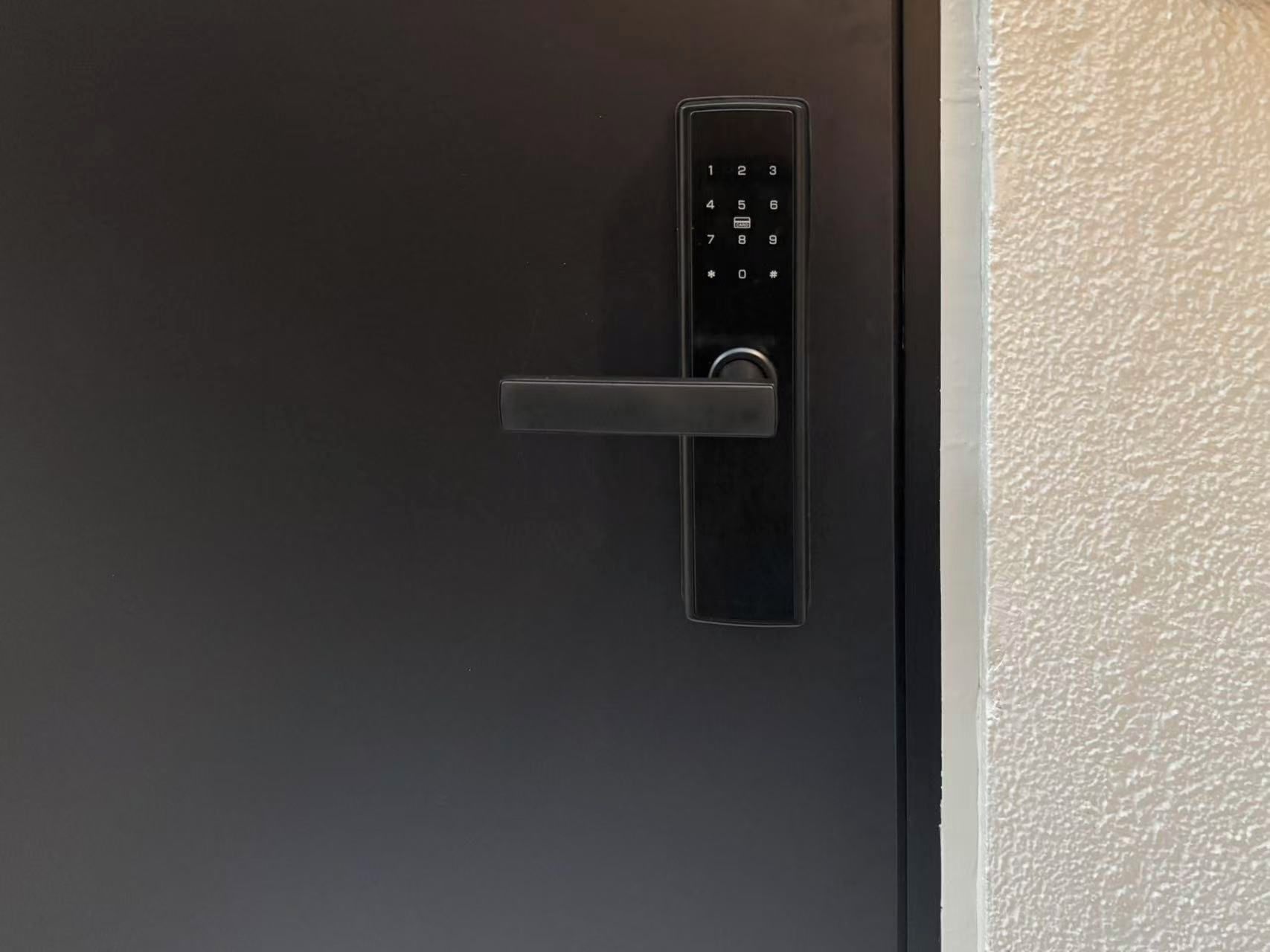A modern door with a keypad lock and a horizontal handle.